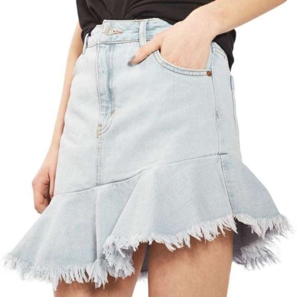 New Topshop Moto Asymmetrical Raw Hem Denim Skirt Light Wash Womens Size 6 - Picture 3 of 5